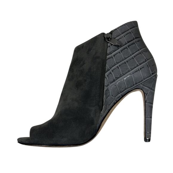 Sigerson Morrison Heeled Booties Womens 8.5 Gray Suede Croc Embossed Peep Toe - Picture 3 of 7